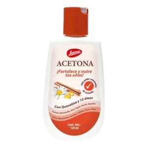 ACETONA CON QUERATINA Y 12 OLEOS, Aceite de Macadamia, Aceite de Olivo, Acetona, Aloe Vera, Argan, Canela, Coco, Manzanilla, Mirra, Te Verde, Frasco 120 ml, 759684431142