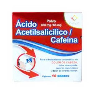 ACIDO ACETILSALICILICO, Acido Acetilsalicilico 850 mg, Cafeina 65 mg, Polvo c/10, 7502216805484