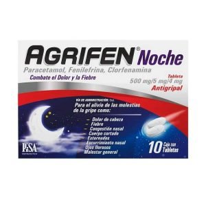 Agrifen Noche, Paracetamol, Fenilefrina, Clorfenamina - 500mg/5mg/4mg, 10 Tabletas, 7501125188985