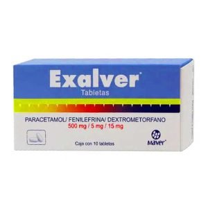 EXALVER, Dextrometorfano 15 mg, Fenilefrina 5 mg, Paracetamol 500 mg, Tabletas c/10, 7502009741753