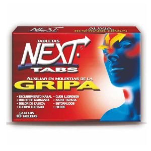 Next-Tabs, Paracetamol, Cafeina, Fenilefrina, Clorfenamina - 500 mg, 25 mg, 5 mg y 4 mg, 10 Tabletas, 650240010538