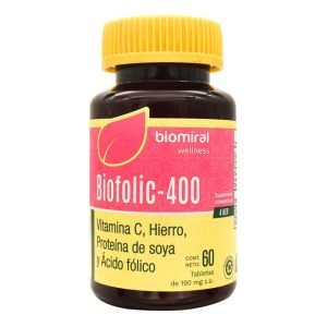 BIOFOLIC 400, Acido Folico 400 mcg, Hierro 18.3 mg, Soya 15 mg, Vitamina C 20 mg, Tabletas c/60, 7503020089275