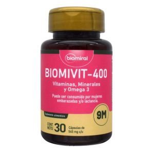 BIOMIVIT-400, Acido Folico 400 mcg, Calcio 70 mg, Hierro 10 mg, Magnesio 10 mg, Omega 3 20 mg, Vitamina A 3.3 mg, Vitamina B1 1.5 mg, Vitamina B12 12 mcg, Vitamina B2 1.8 mg, Vitamina B3 10 mg, Vitamina B5 10.75 mg, Vitamina B6 1 mg, Vitamina C 25 mg, Vitamina D3 10 mg, Vitamina E 20 mg, Zinc 15 mg, Capsulas c/30, No requiere receta, 7500326108754