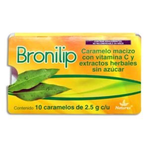BRONILIP, Carbohidratos 2 g, Eucalipto, Gordolobo, Grasas, Isomalt 97.7 g, Propoleo, Proteinas, Sodio 15 mg, Vitamina C, Caramelo c/10, 7502259891833