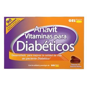 ANAVIT VITAMINAS PARA DIABETICOS, Acido Folico 400 mcg, Magnesio 145.08 mg, Tocoferol 100 mg, Vitamina A 3.3 mg, Vitamina B1 5 mg, Vitamina B12 5 mcg, Vitamina B6 5 mg, Vitamina C 100 mg, Zinc 37.04 mg, Capsulas c/30, 7502227421772